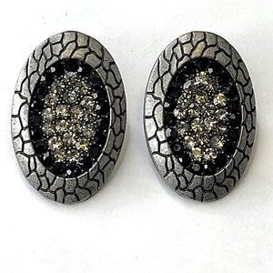 Grey and Black Oval Earrings with Rhinestones